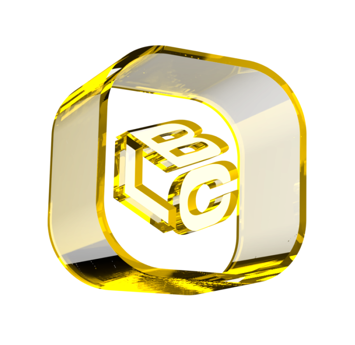 Logo do LCbank em 3D com letras douradas e contorno translúcido