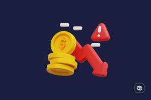 Símbolo de dólar em moedas caindo, seta vermelha para baixo e alerta de perigo.