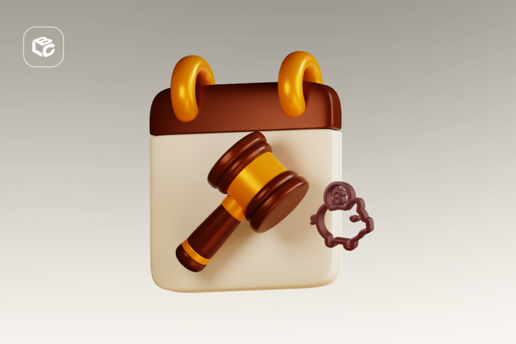 Calendário com martelo de juiz e cofrinho, tema de justiça e finanças